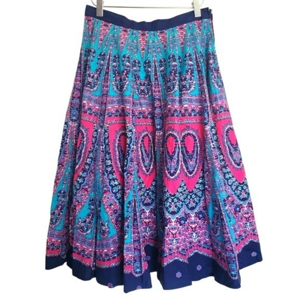 Retro Pink Blue Printed Cotton Midi Full Skirt 28 Waist Vibrant Summer